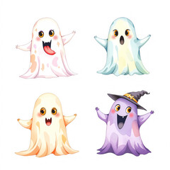 Halloween watercolor, A Set ghost halloween watercolor painting.