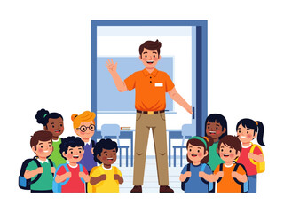Teacher and Students: A cheerful teacher welcomes a diverse group of students into a classroom. Illustration capturing educational unity and youthful curiosity.