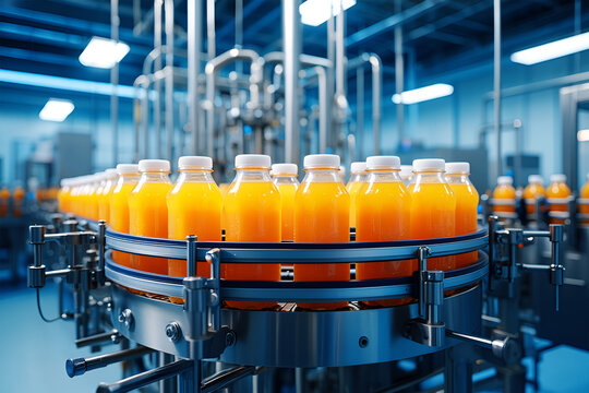 Orange juice bottles on automated production line liquid beverage
