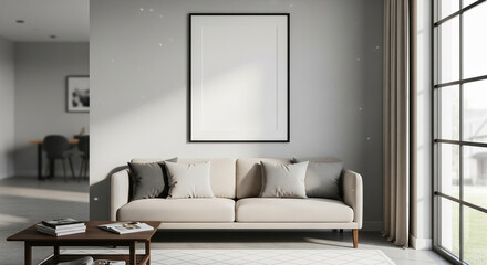 Modern Living Room Wall Poster Frame Mockup – ISO A Paper Size, Modern Interior Design, 3D Render