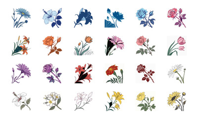Beautiful Collection of 24 Colorful Hand-Drawn Floral Illustrations Featuring Roses, Tulips, Daisies, Lilies, Hibiscus, Marigolds, Orchids, Jasmine, and Pansies in Elegant Botanical Styles for Decorat