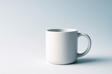 Fototapeta premium Minimalistic white ceramic mug on smooth gradient light background with copyspace, showcasing clean design and simplicity in creative illustration. Ai generative