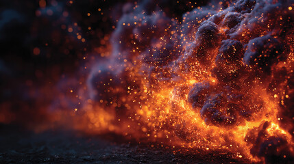 Fototapeta premium Intense volcanic eruption with glowing lava and ash billowing at twilight