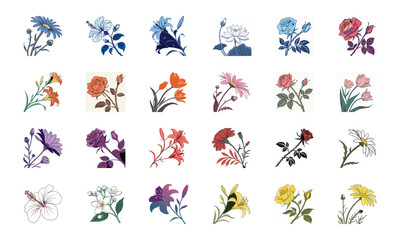 Beautiful Collection of 24 Colorful Hand-Drawn Floral Illustrations Featuring Roses, Tulips, Daisies, Lilies, Hibiscus, Marigolds, Orchids, Jasmine, and Pansies in Elegant Botanical Styles for Decorat