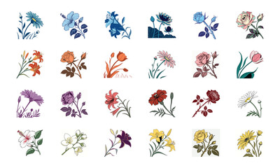 Beautiful Collection of 24 Colorful Hand-Drawn Floral Illustrations Featuring Roses, Tulips, Daisies, Lilies, Hibiscus, Marigolds, Orchids, Jasmine, and Pansies in Elegant Botanical Styles for Decorat