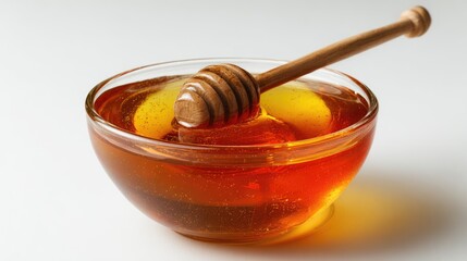Honey pot and dipper on white background.