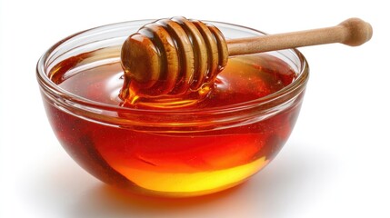 Honey pot and dipper on white background.