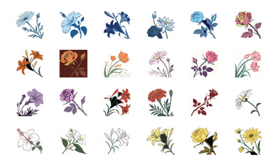 Beautiful Collection of 24 Colorful Hand-Drawn Floral Illustrations Featuring Roses, Tulips, Daisies, Lilies, Hibiscus, Marigolds, Orchids, Jasmine, and Pansies in Elegant Botanical Styles for Decorat