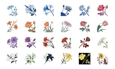 Beautiful Collection of 24 Colorful Hand-Drawn Floral Illustrations Featuring Roses, Tulips, Daisies, Lilies, Hibiscus, Marigolds, Orchids, Jasmine, and Pansies in Elegant Botanical Styles for Decorat