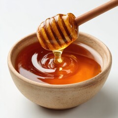 Honey pot and dipper on white background.
