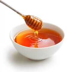 Honey pot and dipper on white background.