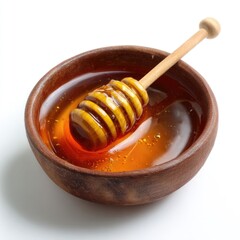 Honey pot and dipper on white background.