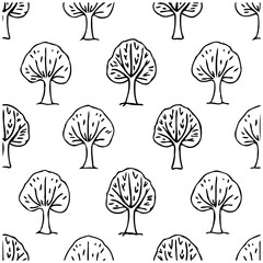 Obraz premium Seamless pattern of hand-drawn trees creates an enchanting whimsical wallpaper ideal for textile projects and nature-themed designs