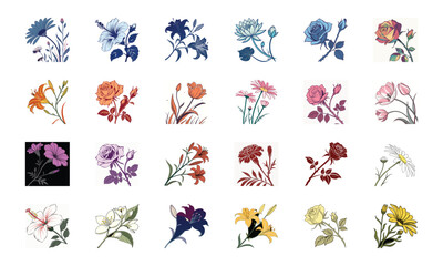 Beautiful Collection of 24 Colorful Hand-Drawn Floral Illustrations Featuring Roses, Tulips, Daisies, Lilies, Hibiscus, Marigolds, Orchids, Jasmine, and Pansies in Elegant Botanical Styles for Decorat