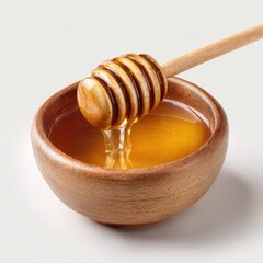 Honey pot and dipper on white background.