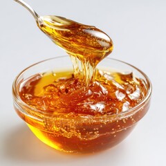 Honey pot and dipper on white background.
