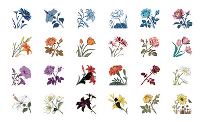 Beautiful Collection of 24 Colorful Hand-Drawn Floral Illustrations Featuring Roses, Tulips, Daisies, Lilies, Hibiscus, Marigolds, Orchids, Jasmine, and Pansies in Elegant Botanical Styles for Decorat