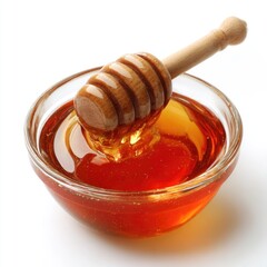 Honey pot and dipper on white background.