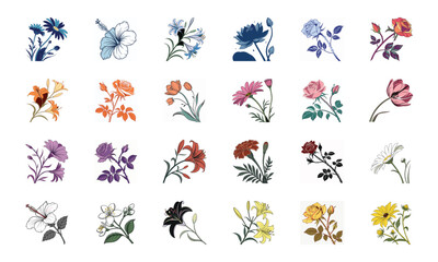 Beautiful Collection of 24 Colorful Hand-Drawn Floral Illustrations Featuring Roses, Tulips, Daisies, Lilies, Hibiscus, Marigolds, Orchids, Jasmine, and Pansies in Elegant Botanical Styles for Decorat