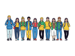 Group of Students with Backpacks: A diverse group of students, each carrying a backpack, stroll forward, representing a unity in education, friendship and a shared journey.