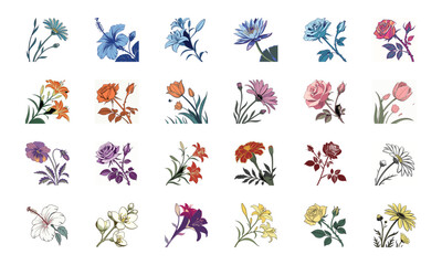 Beautiful Collection of 24 Colorful Hand-Drawn Floral Illustrations Featuring Roses, Tulips, Daisies, Lilies, Hibiscus, Marigolds, Orchids, Jasmine, and Pansies in Elegant Botanical Styles for Decorat