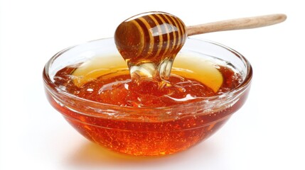 Honey pot and dipper on white background.