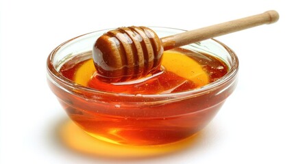 Honey pot and dipper on white background.