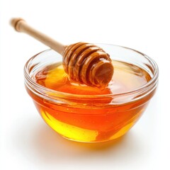 Honey pot and dipper on white background.