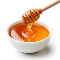 Honey pot and dipper on white background.