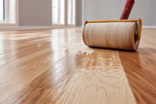 Roller applying varnish on the wooden floor, creating a smooth and polished finish. Light wood parquet texture in the background glows under each layer of wax. Flooring with clear resin for shine.