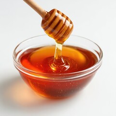 Honey pot and dipper on white background.