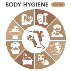 Body hygiene symbols collection or sketches, wash and clean theme bubble with glyph style signs for web and app. Vector graphics isolated on white background.