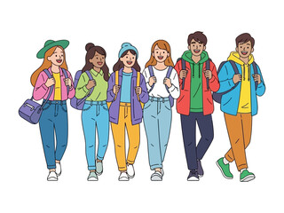 Obraz premium Friendly Travelers: A group of diverse friends embarking on an adventure, their vibrant clothing and backpacks a testament to their shared joy and excitement for the journey ahead.