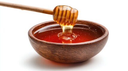 Honey pot and dipper on white background.