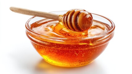 Honey pot and dipper on white background.