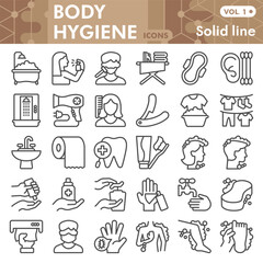 Body hygiene symbols collection or sketches, wash and clean theme with line style signs for web and app. Vector graphics isolated on white background.