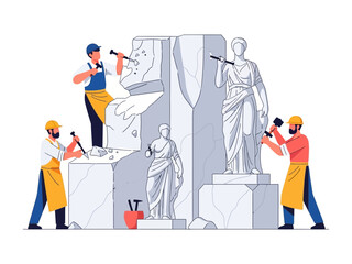 Sculpting the Masterpiece: Skilled artisans, equipped with chisels and hammers, meticulously carve and shape classical marble statues, embodying artistic excellence and timeless heritage.