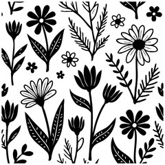 Elegant black and white floral pattern with various flower types and leafy branches ideal for design projects