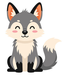 Cute Cartoon Wolf Sitting with Closed Eyes, Smiling Happily in Colorful Design Illustration