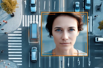 Aerial view of city intersection with facial recognition overlay symbolizing surveillance technology digital identity and urban security systems