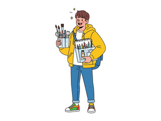 Aspiring Artist with supplies: An animated illustration of an enthusiastic artist, equipped with a palette of art supplies, brimming with creative potential, against a bright background.