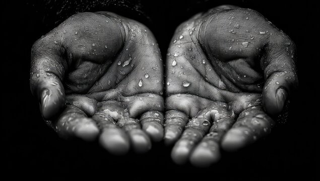 Two open, weathered hands, filled with water droplets, held out in supplication