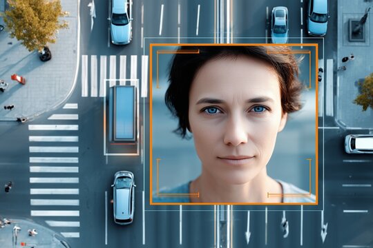 Aerial view of city intersection with facial recognition overlay symbolizing surveillance technology digital identity and urban security systems - Powered by Adobe