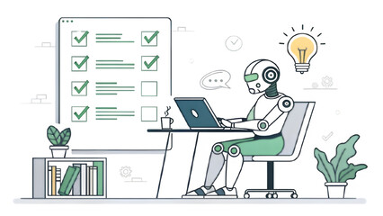 AI Robot Working at Desk with Task Checklist – Productivity & Automation Illustration