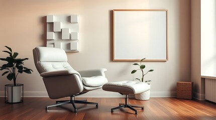 Elegant White Leather Lounge Chair and Ottoman in Bright Minimalist Interior with Wood Floor, Blank Frame, and Decorative Art                         