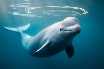 Smiling beluga whale swimming gracefully underwater in clear blue water