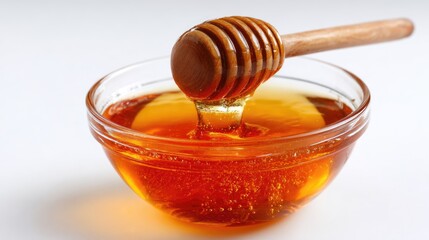 Honey pot and dipper on white background.