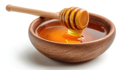 Honey pot and dipper on white background.