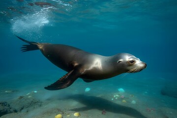 Fototapeta premium California sea lion swimming gracefully underwater in clear blue ocean water