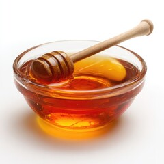 Honey pot and dipper on white background.